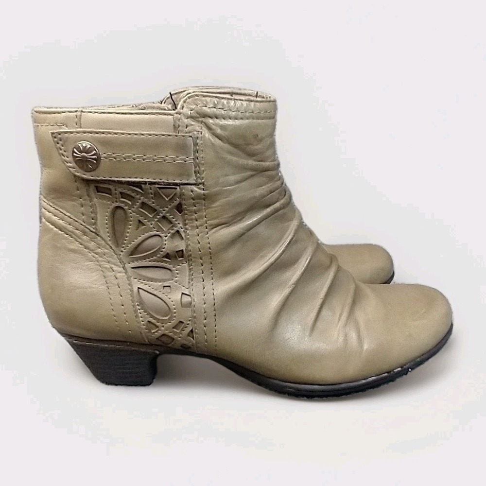 Rockport Cobb Hill Ankle Boots Womens 10 Taupe Leather Laser Cut Ruched CG8574